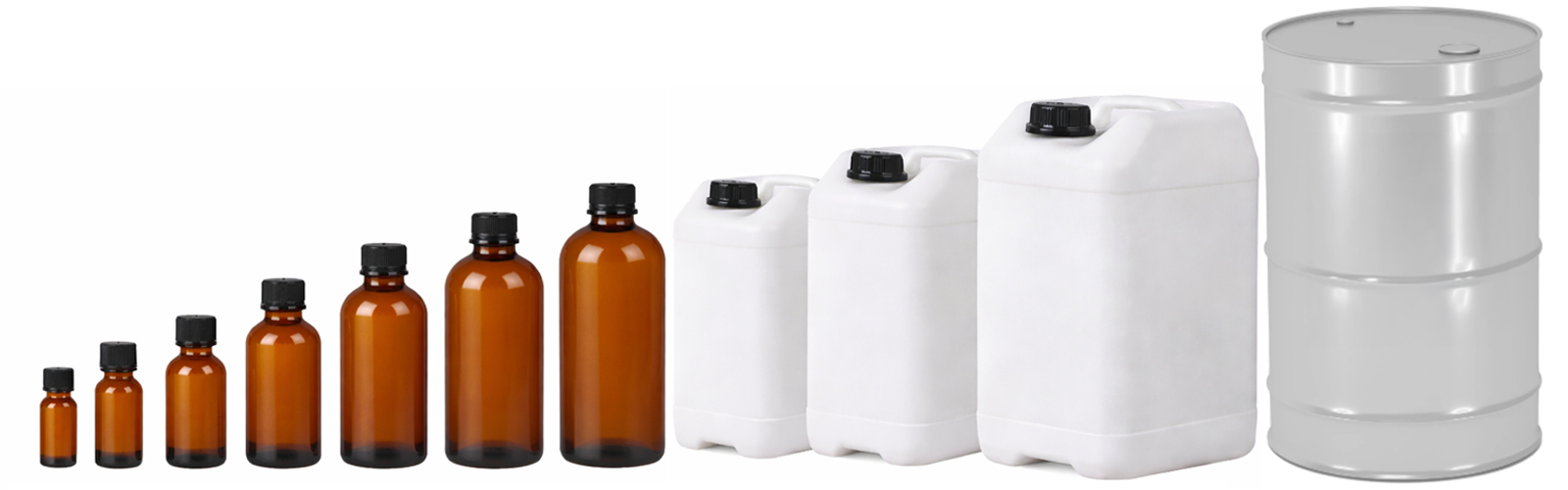 Essential oil packaging including amber glass bottles, HDPE containers, and steel drums